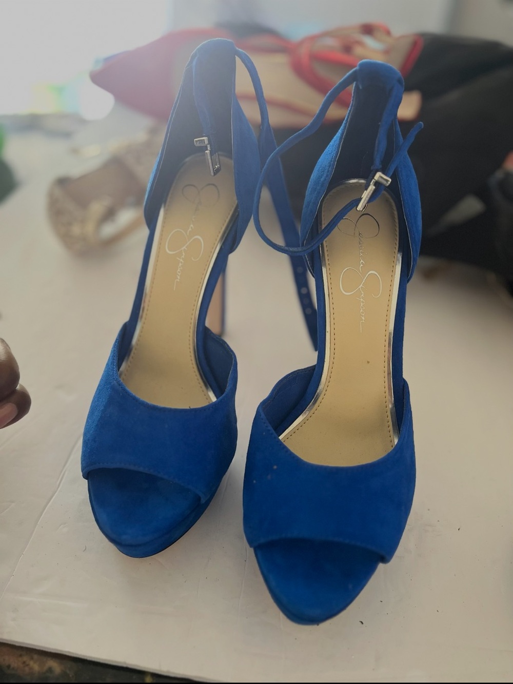 Jessica Simpson Royal Blue Suede Peep-Toe Ankle-Strap Heels